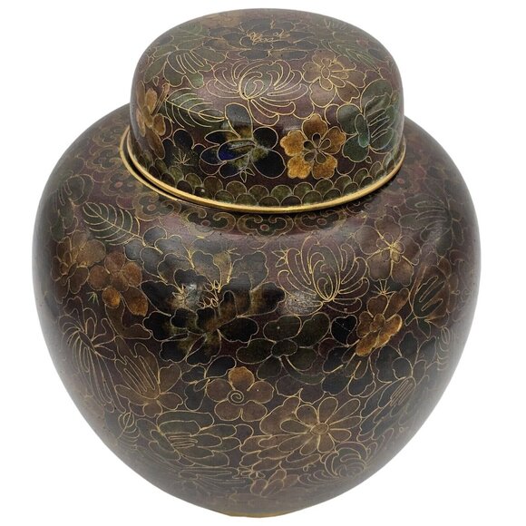 Vtg Chinese Cloisonne Ginger Jar & Lid Thousand Flower Design Brass Browns Gold - Picture 2 of 16